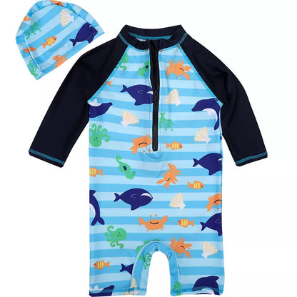 Children's one-piece swimsuit in striped shark and monster designs, sizes 2-10 yards