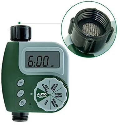 Green digital garden hose timer with LCD screen and dual hose outlets.