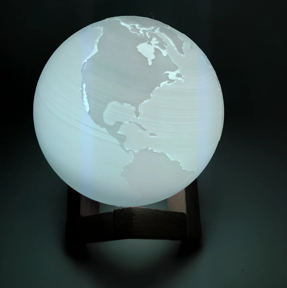 3D printed Earth and Jupiter lamps with touch control and solid wood bases in various sizes from 8cm to 22cm