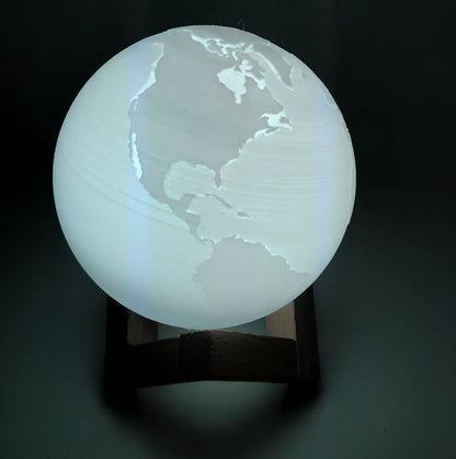 3D printed Earth and Jupiter lamps with touch control and solid wood bases in various sizes from 8cm to 22cm