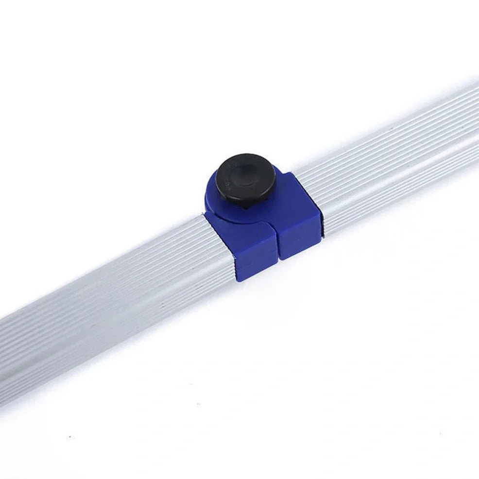 Blue aluminium folding grabber tool extended to 81cm with 8cm jaw opening showing rubber chuck
