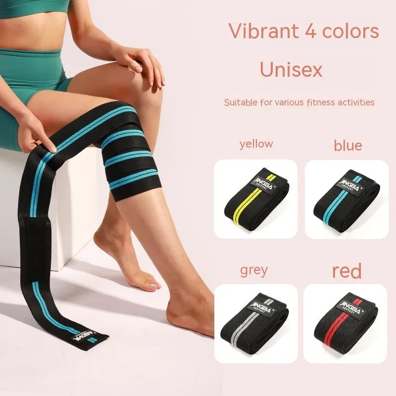 Adjustable sports knee pads in blue, grey, red, and yellow colours for weightlifting and cycling.