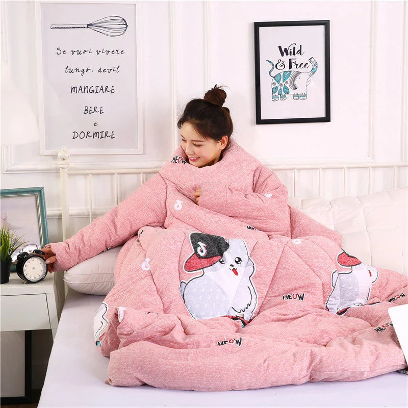 Cozy fleece blanket with sleeves in various colors, perfect for relaxing and enjoying indoor activities