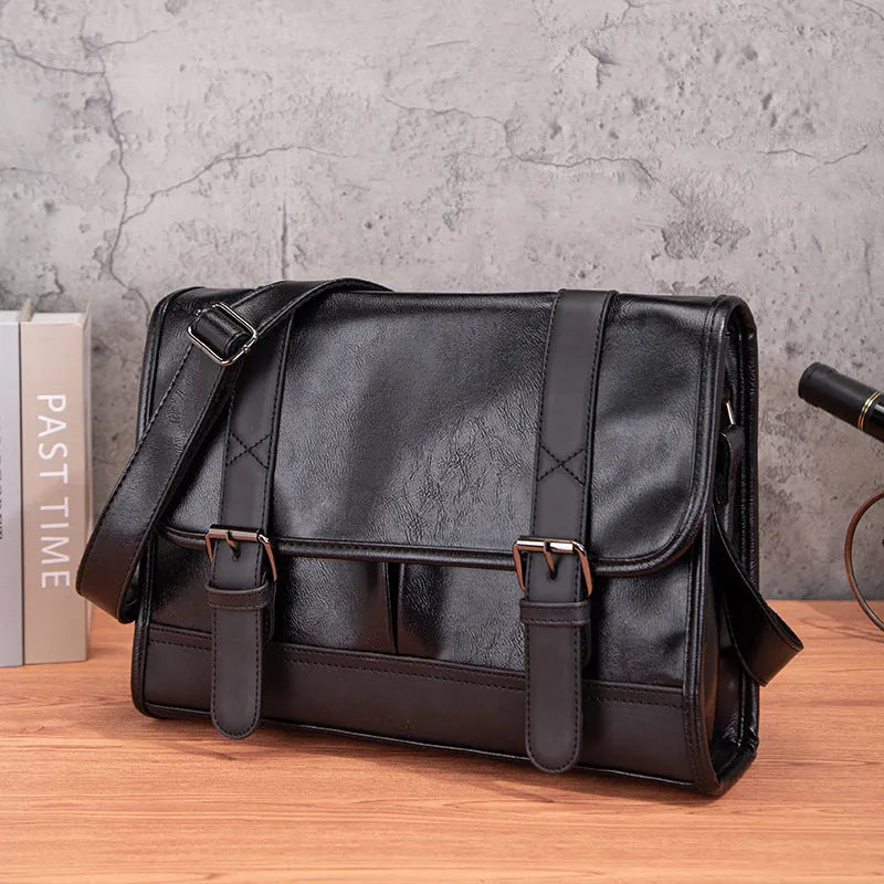 Black Korean style men's commuter backpack with anti-theft function and visible sewing thread details