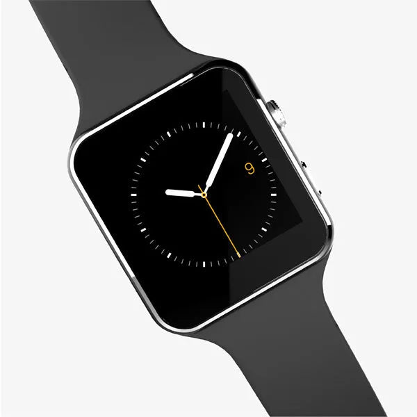 Smart watch with 1.54-inch touch screen display and silicone strap in black, gold, or white colours