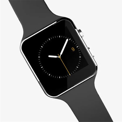 Smart watch with 1.54-inch touch screen display and silicone strap in black, gold, or white colours