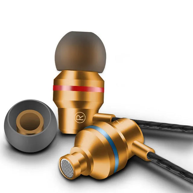 Wired in-ear headphones with microphone in black, showing 3.5mm plug and silicone ear tips.