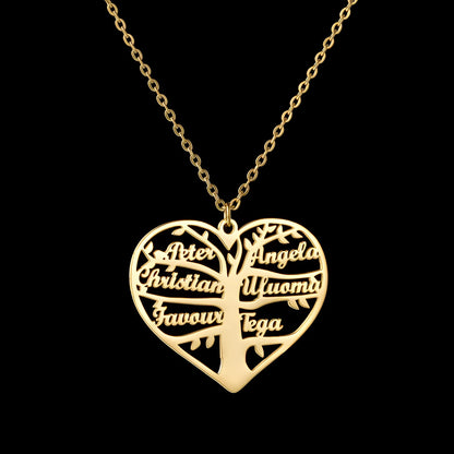 Custom stainless steel name necklace with hollow heart tree pendant in gold, rose gold, or silver on a chain.