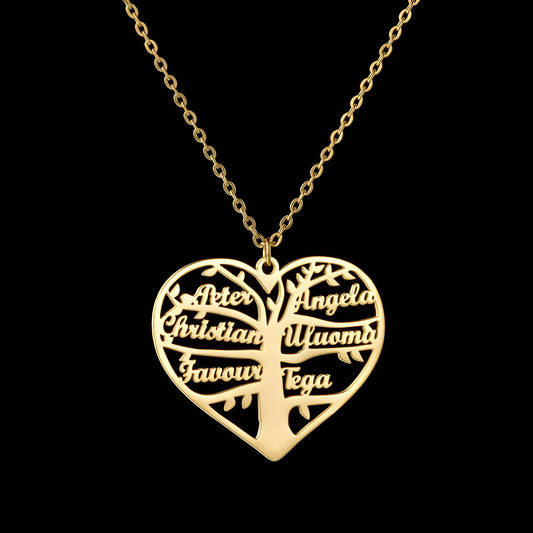 Custom stainless steel name necklace with hollow heart tree pendant in gold, rose gold, or silver on a chain.