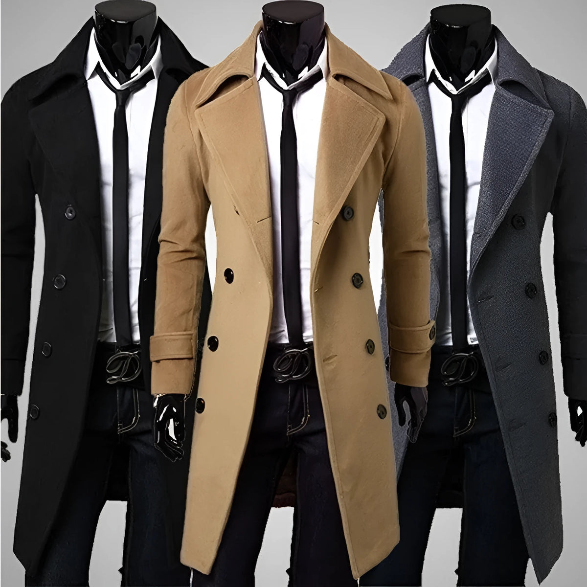Men's double-breasted trench coat with lapel collar in black, camel or dark grey, lightweight 0.75kg, sizes M to XXXL.