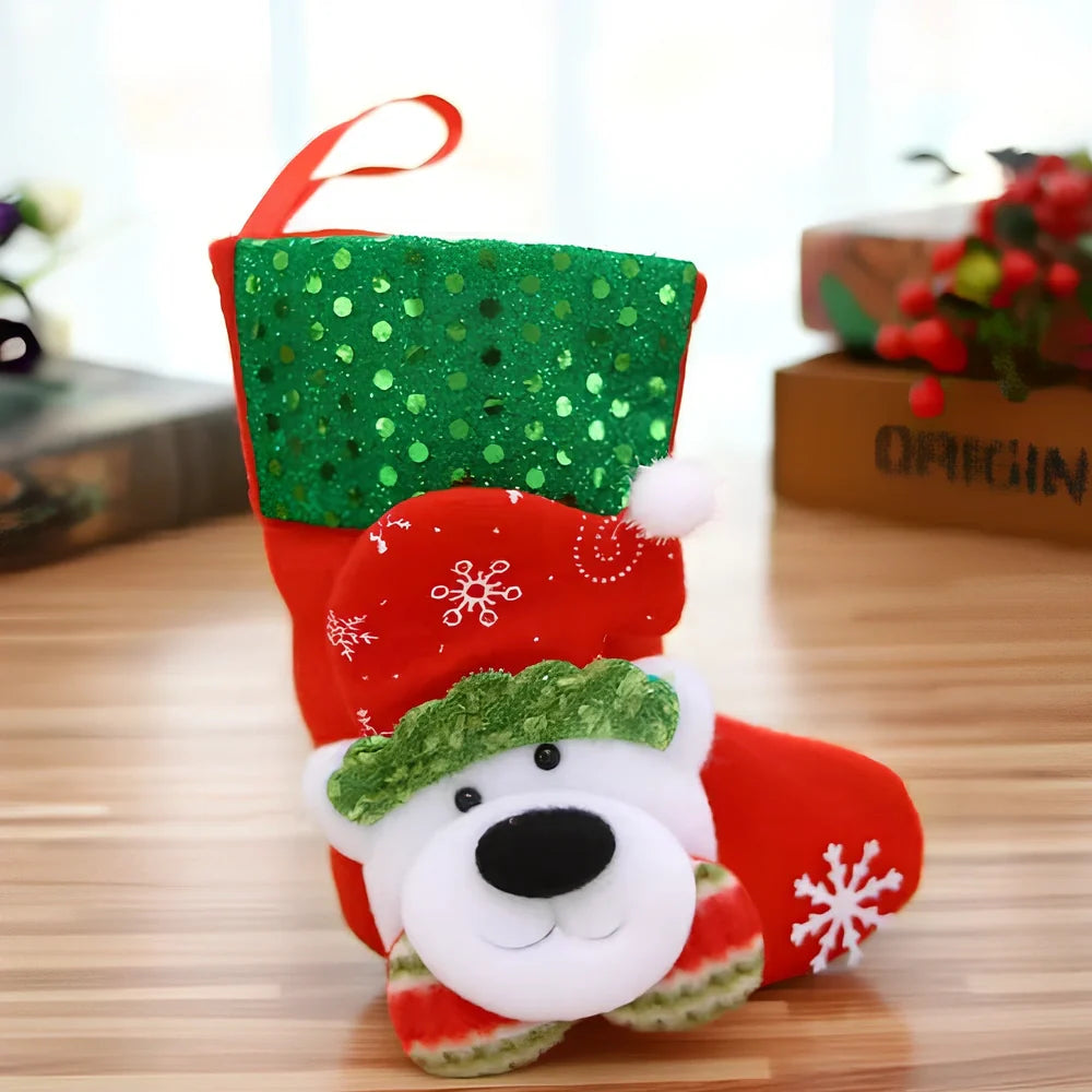 Christmas stocking gift bag measuring 10x20cm with festive character designs