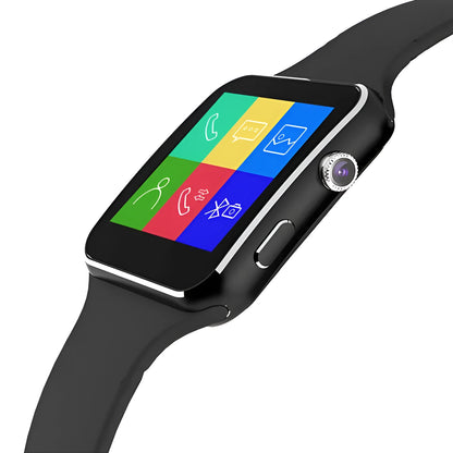 Smart watch with 1.54-inch touch screen display and silicone strap in black, gold, or white colours