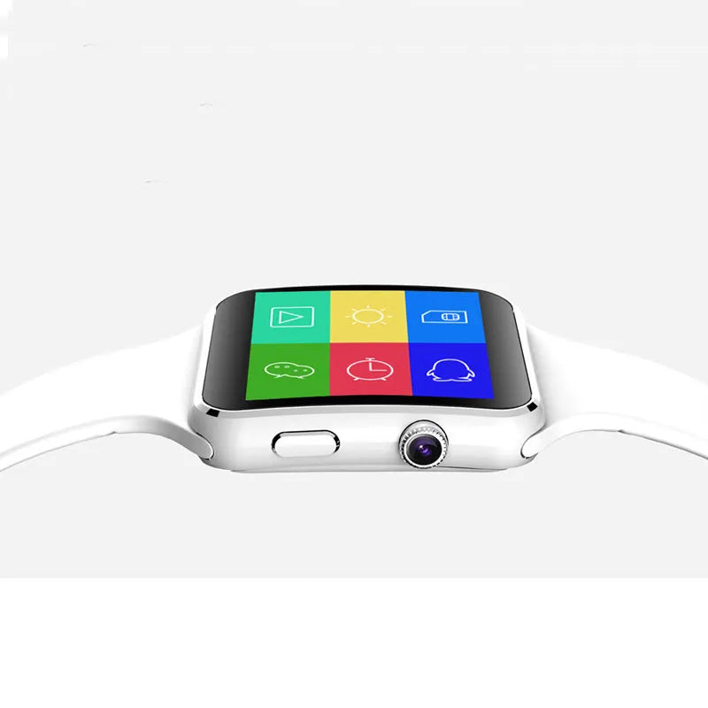 Smart watch with 1.54-inch touch screen display and silicone strap in black, gold, or white colours