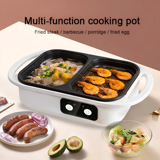 White or green dual-function electric hot pot and frying oven appliance with mechanical controls
