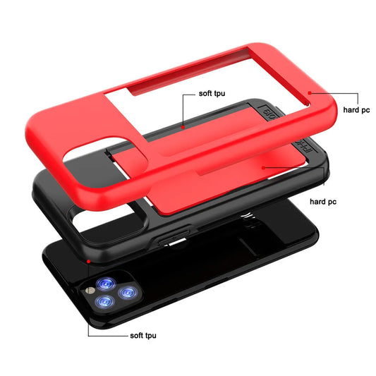 iPhone 11 mobile phone shell in six solid colours showing TPU+PC construction and precise model fit
