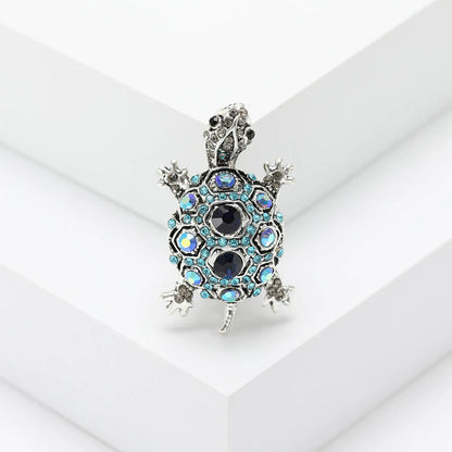 Retro rhinestone turtle brooch pin in blue green or red colours with animal modelling design