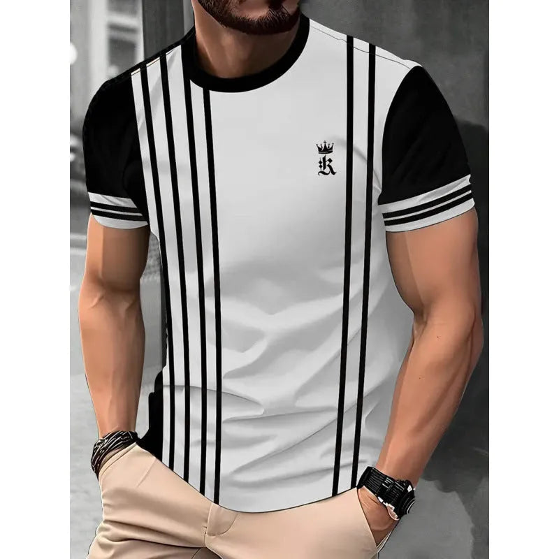 Men's striped casual T-shirt with digital 3D printing in loose fit short sleeve design