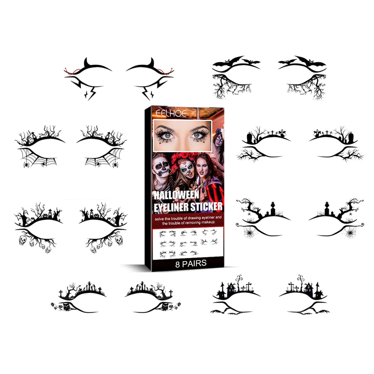 Bat and spider themed eyeliner stickers set with 8 pairs for decorative eye makeup