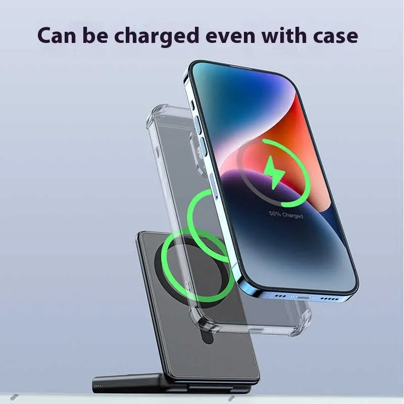 Ultra-thin black magnetic wireless power bank 5000mAh with built-in bracket and data cable, 113x70x18mm
