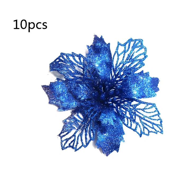 Glitter artificial Christmas flowers measuring 11cm with sparkling coating in various colour options