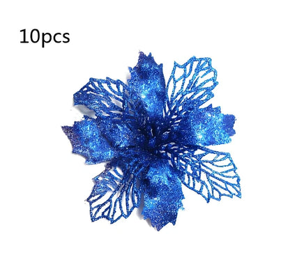 Glitter artificial Christmas flowers measuring 11cm with sparkling coating in various colour options