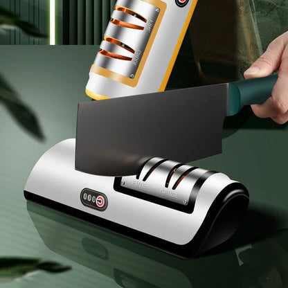 Electric knife sharpener with USB recharging, adjustable settings, and modern design for precise, easy blade honing