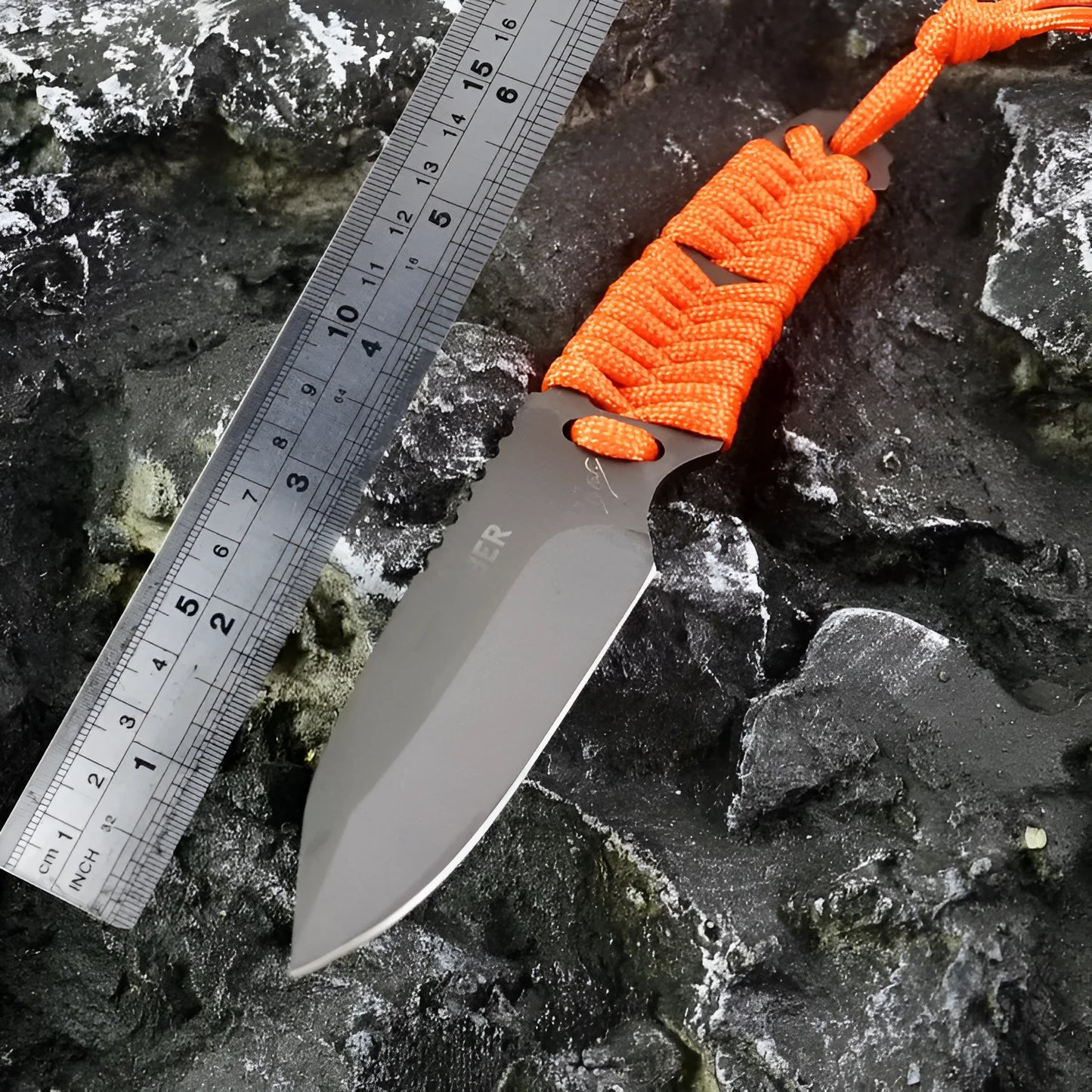 Outdoor survival knife with straight blade, rope-bound handle, and black ABS sheath on grey background