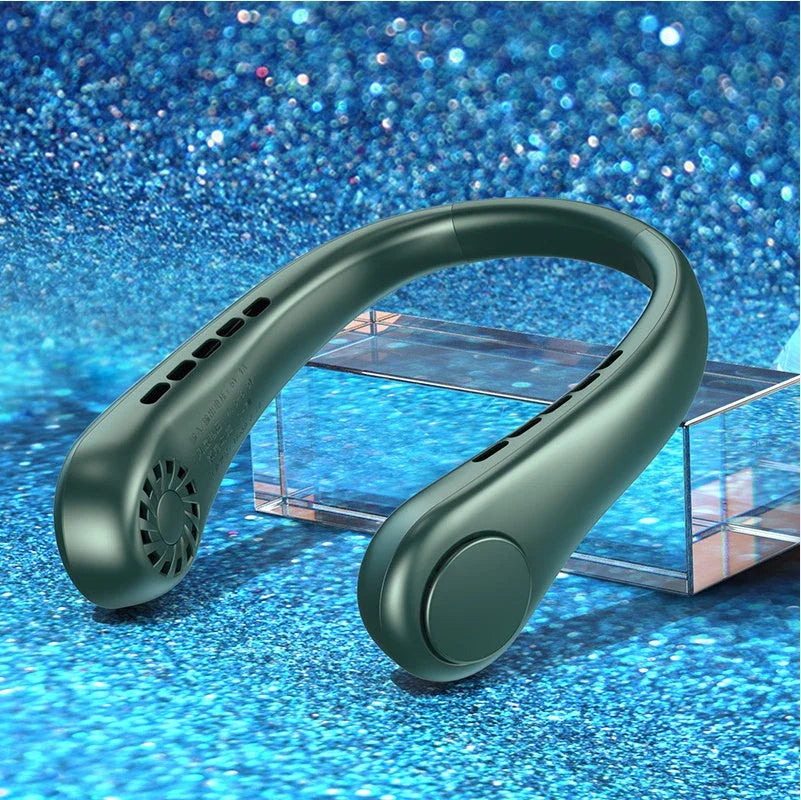 Stylish portable neck fan with bladeless design, adjustable speeds, and rechargeable battery for hands-free cooling