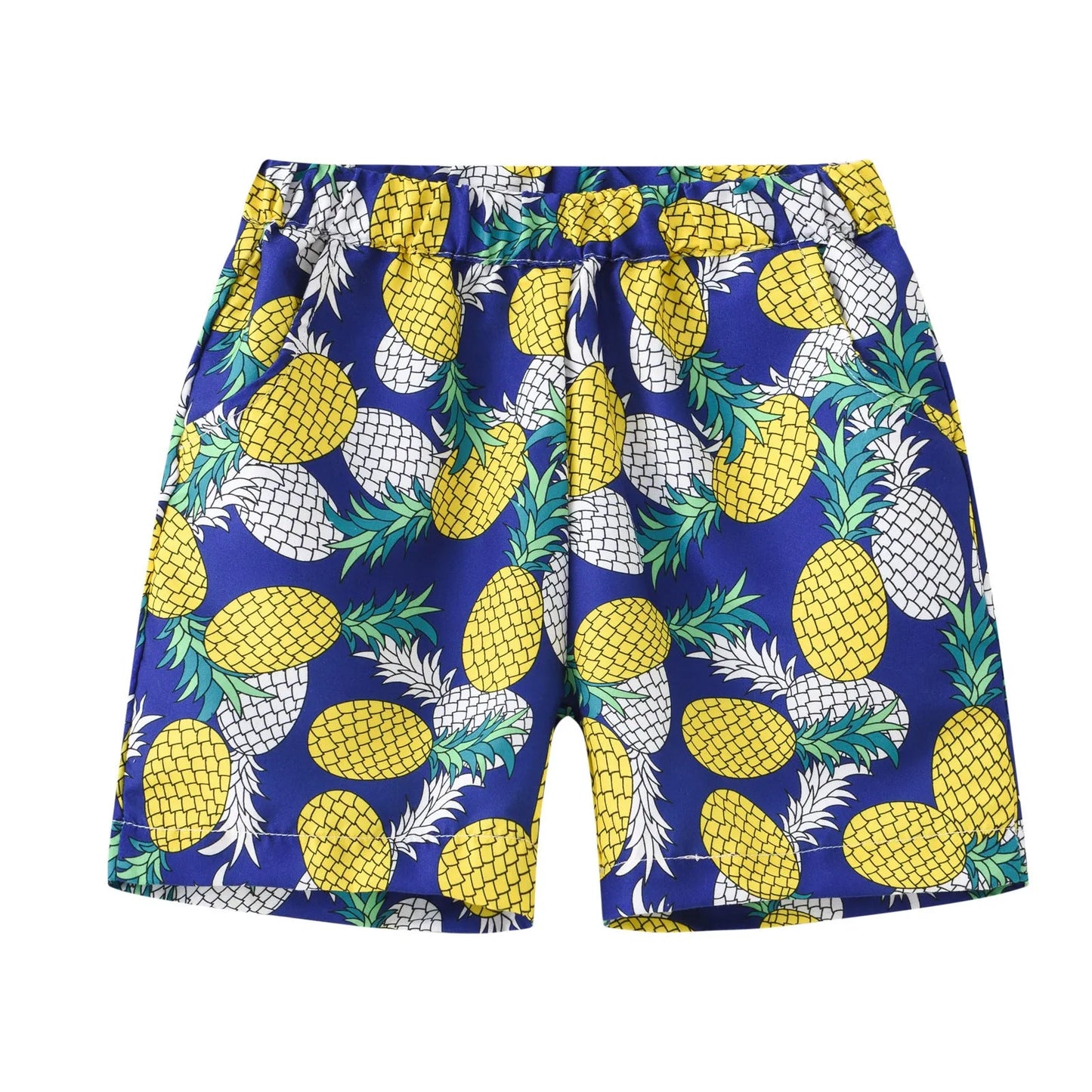 Colourful printed beach shorts with elastic waistband showing tropical patterns including coconut trees and pineapples