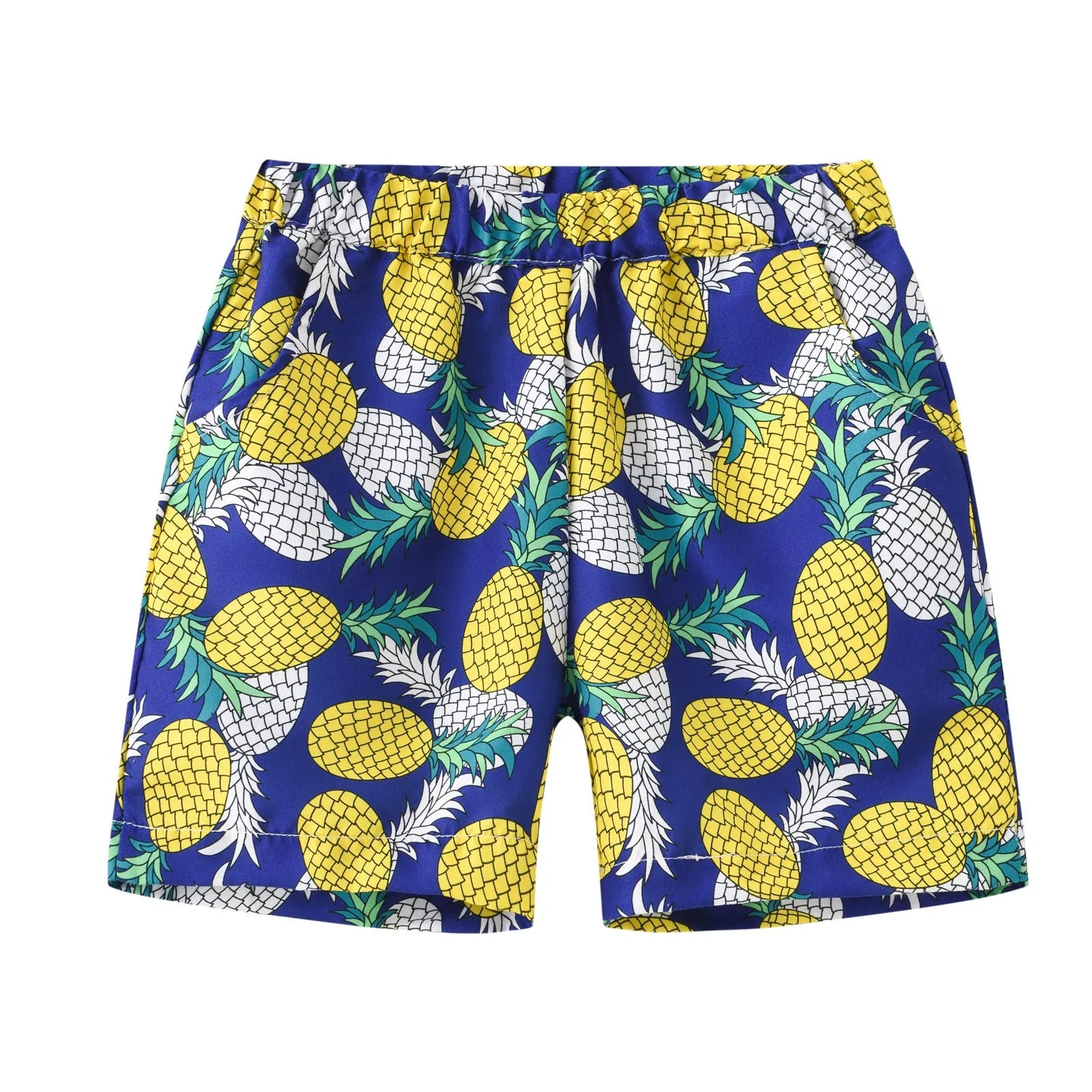 Colourful printed beach shorts with elastic waistband showing tropical patterns including coconut trees and pineapples