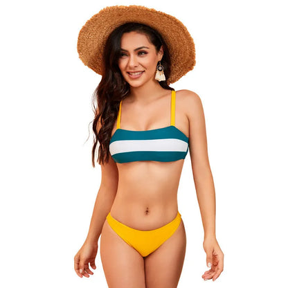 Women's yellow striped triangle bikini swimsuit with suspender straps, two-piece set, sizes S to 2XL
