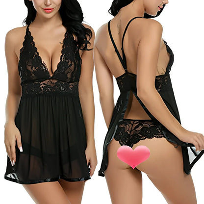 Black lace sling dress lingerie with adjustable straps and 80% polyester construction