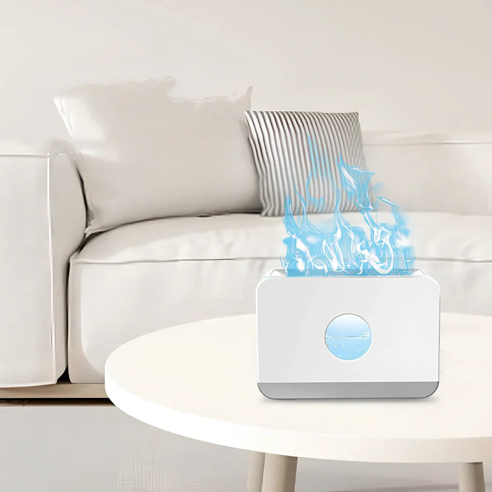 Square two-colour flame aromatherapy humidifier showing mist output and LED lighting effects