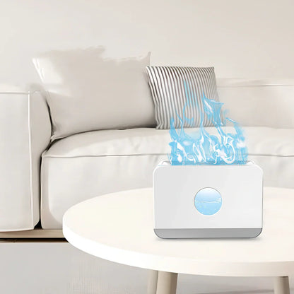 Square two-colour flame aromatherapy humidifier showing mist output and LED lighting effects