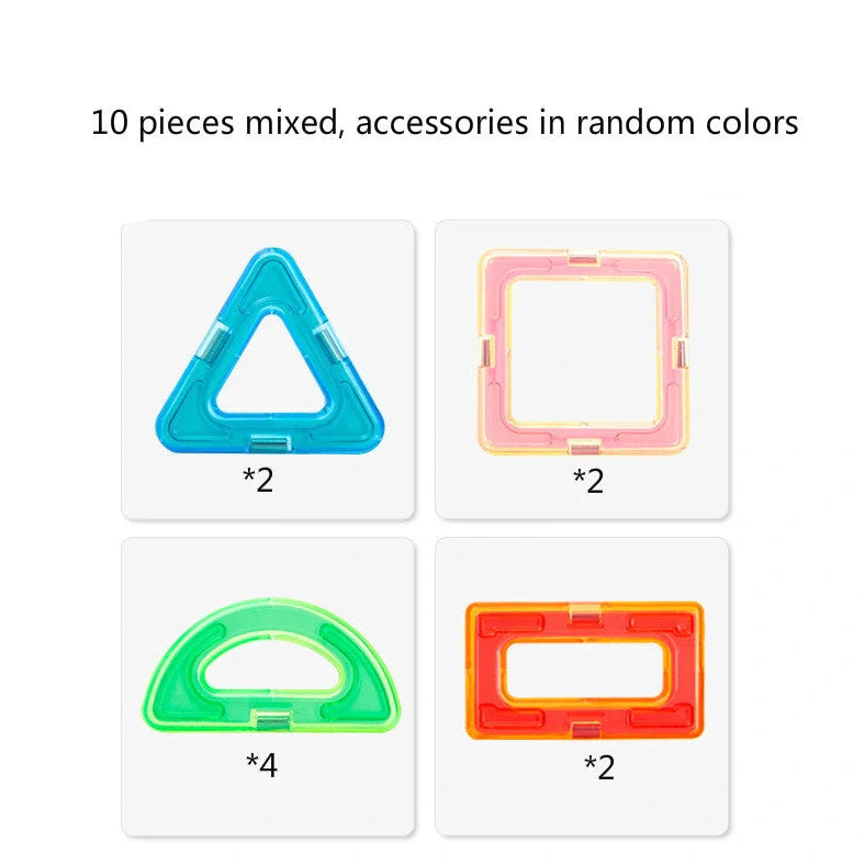 Magnetic building blocks in multiple colours arranged in geometric construction