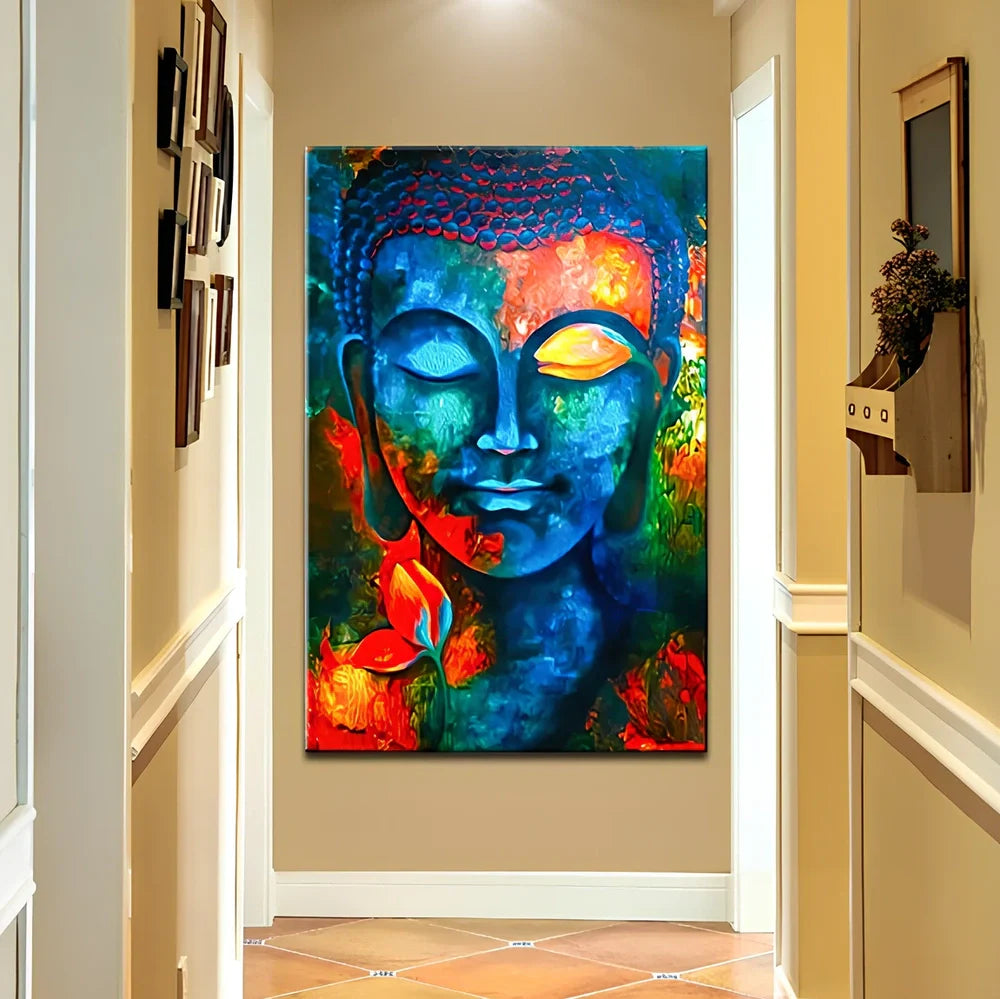 Modern Buddha canvas wall art in chemical fabric with detailed printing, available in 10 sizes from 20x30cm