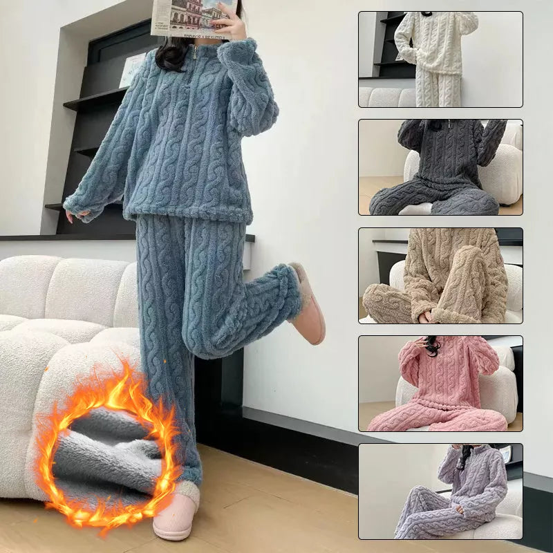 Twist zipper couple fleece-lined pajamas in various colors for winter warmth