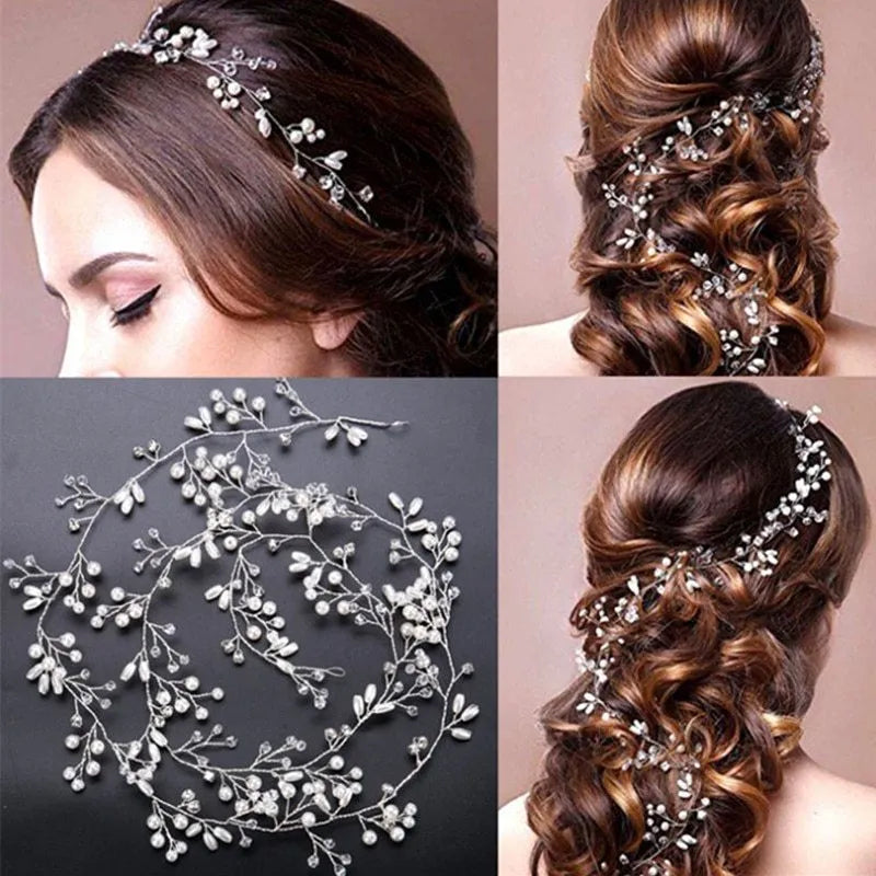 Bride's long hair band with crystal pearls in silver colour option showing 100cm length