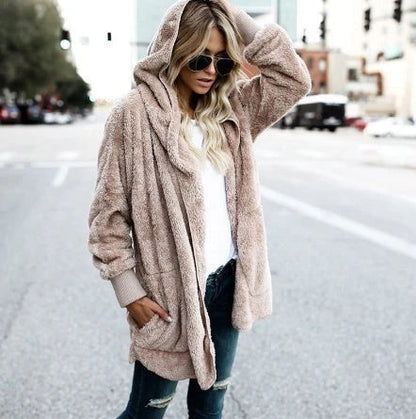 A cozy, plush women's jacket in a variety of colors with a relaxed, oversized fit for easy layering