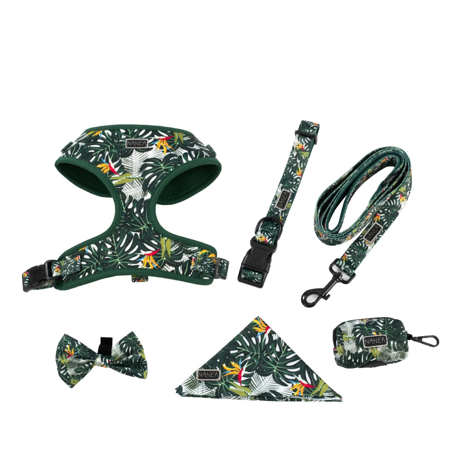 Six-piece adjustable cloth pet harness set with 1.5m haulage rope, collar, pick-up bag, bow tie, and triangular scarf