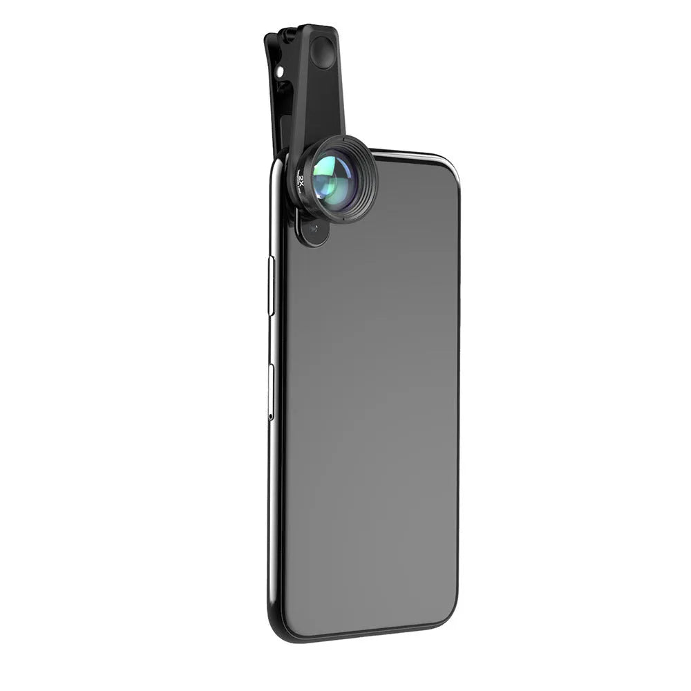 Six smartphone camera lenses including fisheye, macro, telephoto, wide-angle, CPL and star filters with aluminium housings