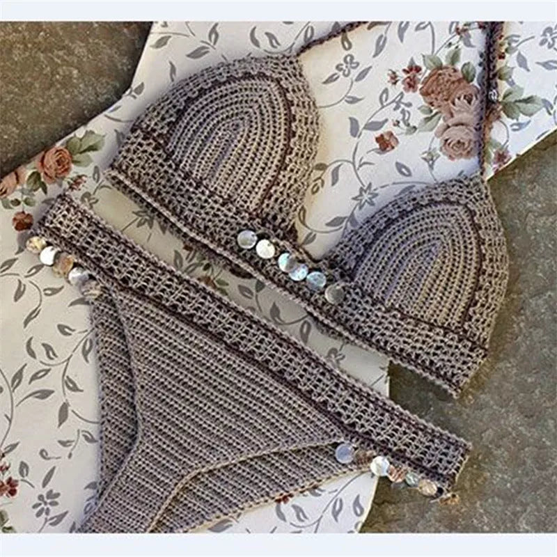 Knitted bikini set with mermaid split design in brown and white