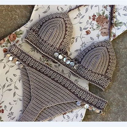 Knitted bikini set with mermaid split design in brown and white