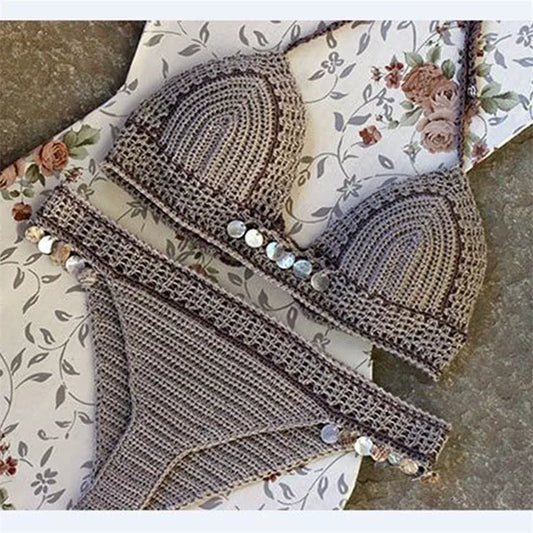 Knitted bikini set with mermaid split design in brown and white