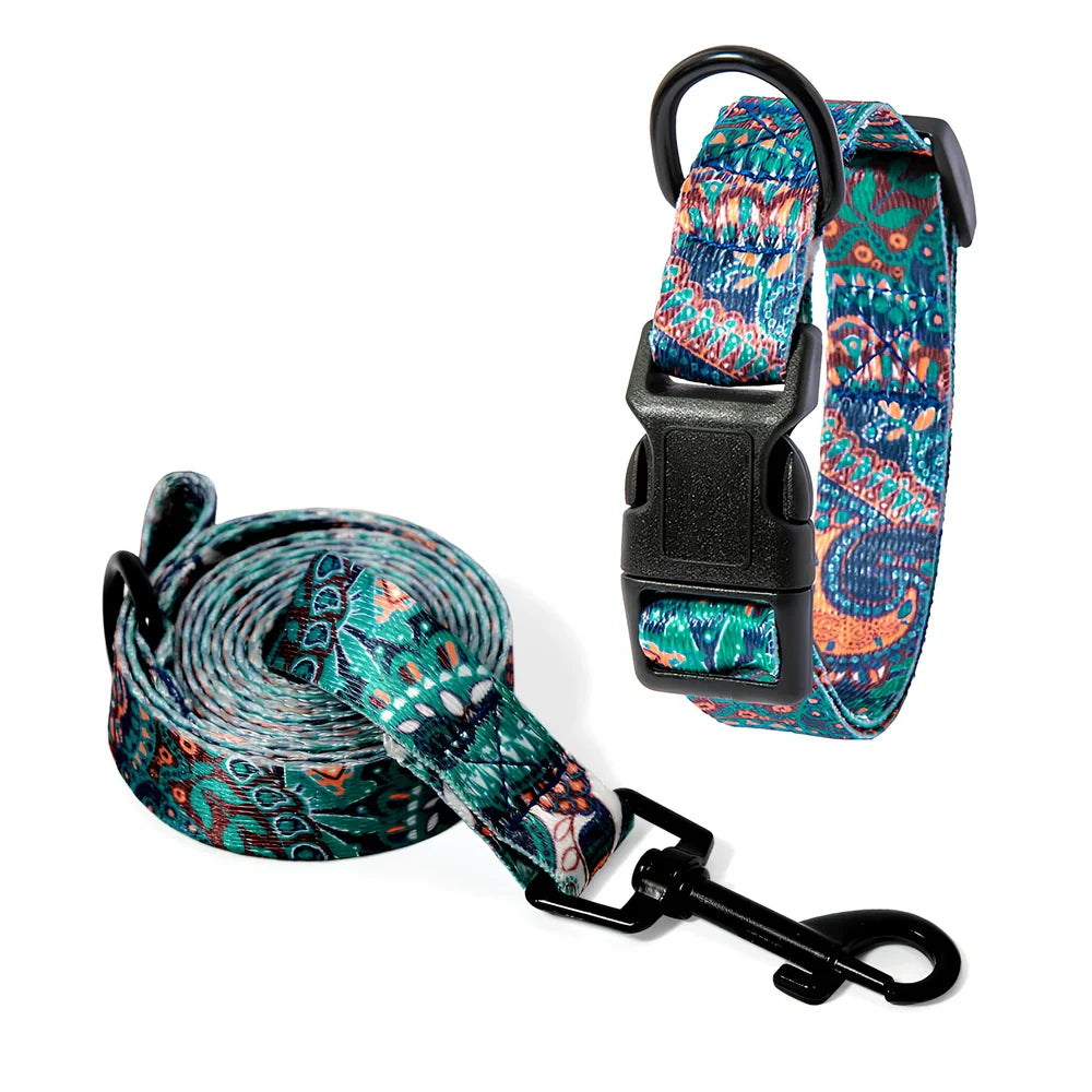 Adjustable dog collar and leash set with Bohemian pattern for dogs 3-27kg