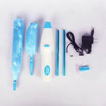 Motorised hand duster with electrostatic bristles cleaning ceiling fan blades