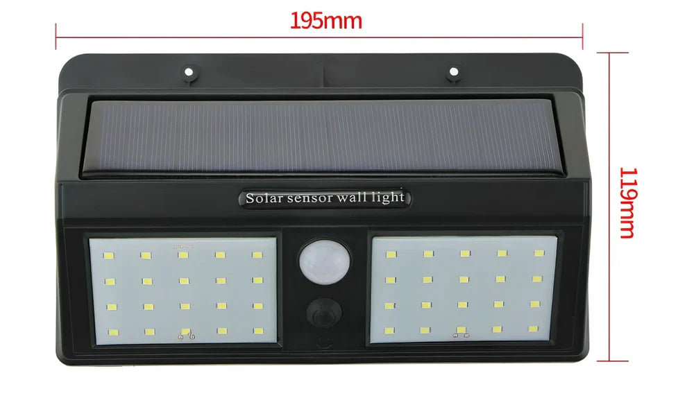 Solar sensor light in black ABS plastic with 20 LEDs and infrared motion detection, package 130x102x55mm