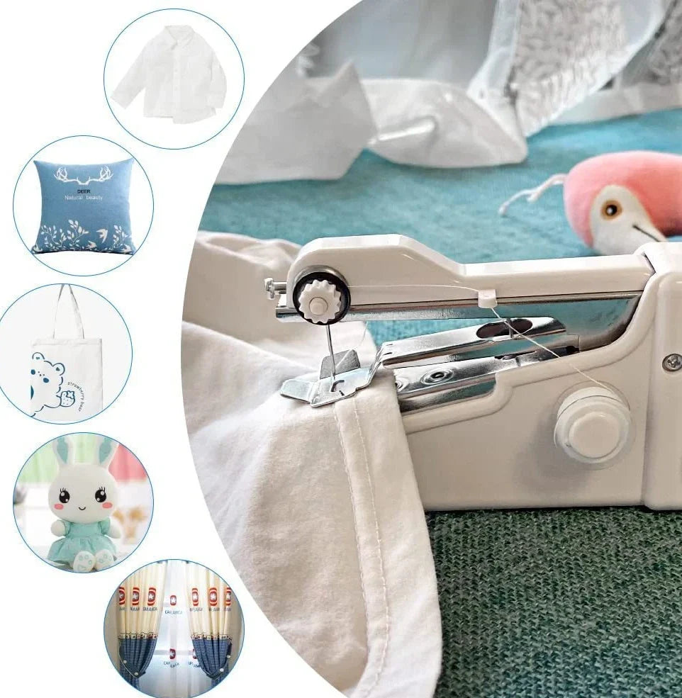 Black handheld electric sewing machine with ruler, scissors, and thread coils on white background