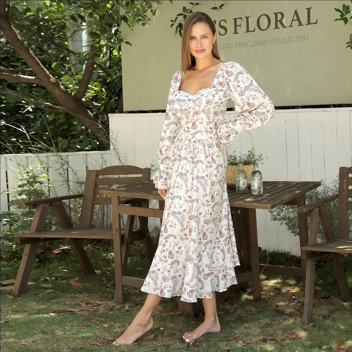 Women's Floral Square Neck Long Sleeve Dress for elegant and comfortable wear
