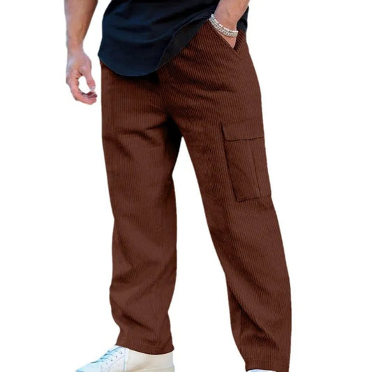 Men's straight-leg corduroy trousers with adjustable waist in navy blue colour